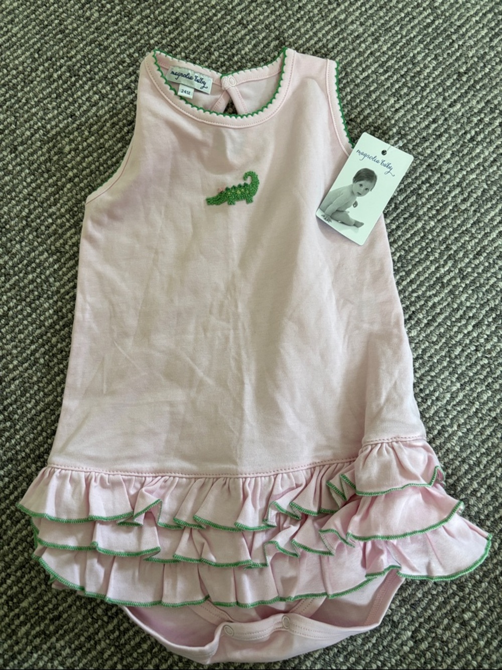 Pink Ruffled Baby Romper with Green Trim - Alligator Accent